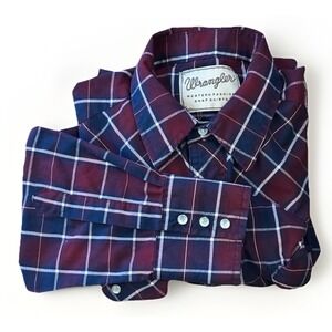 Wrangler Mens M Vtg Blue Red Plaid Western Pearl Snap Pockets Long Sleeve Shirt